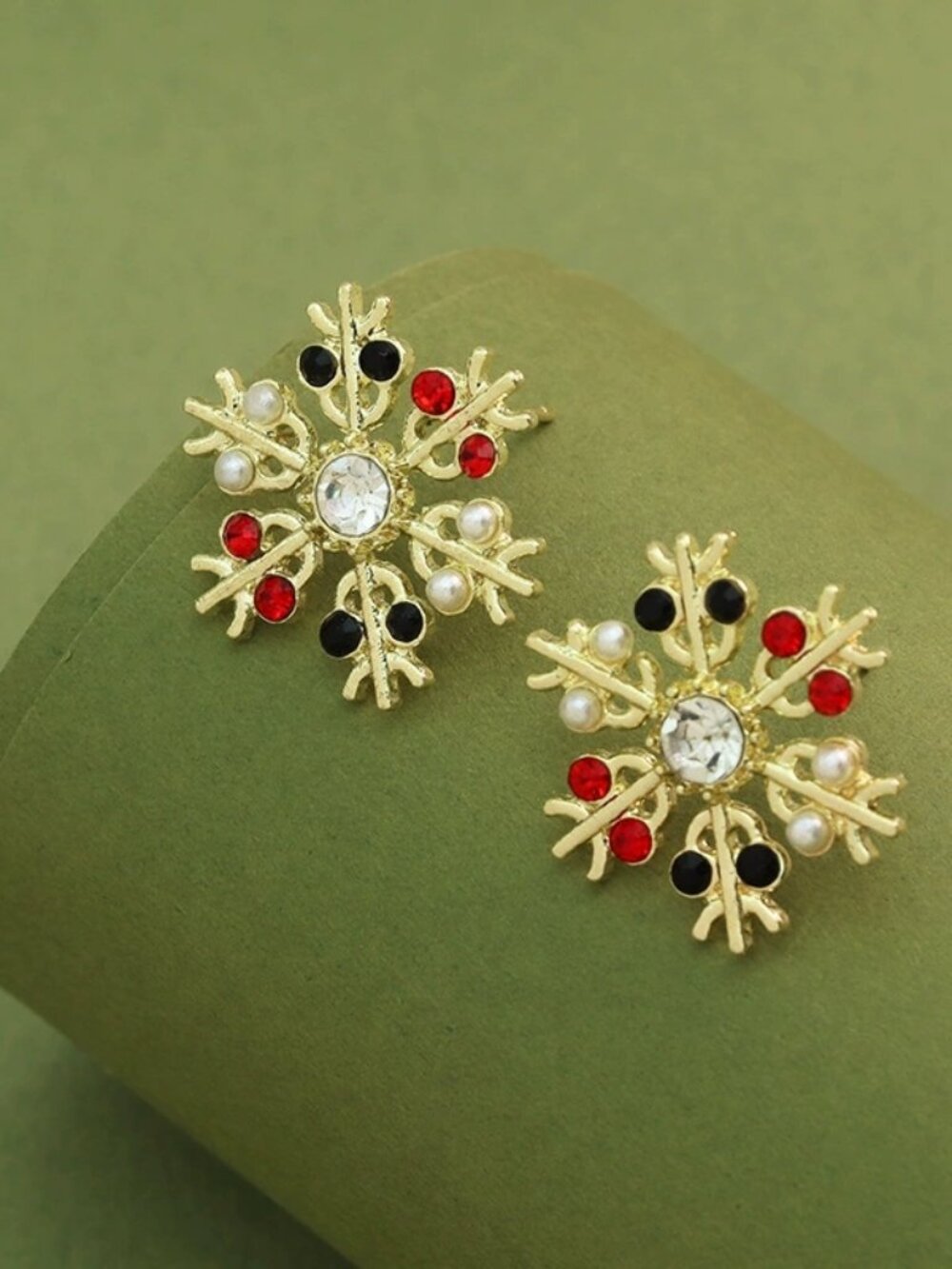 Gold Snowflake Christmas Stud Earrings with Crystal & Pearl Accents
